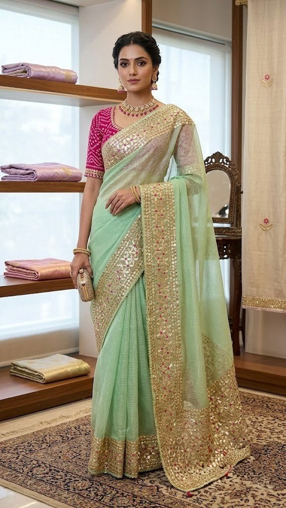 Mint Aura Embellished Kota Doria Saree