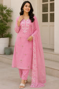 Blush Pink Hand Embroidered Kota Doria Kurta Set with Dupatta