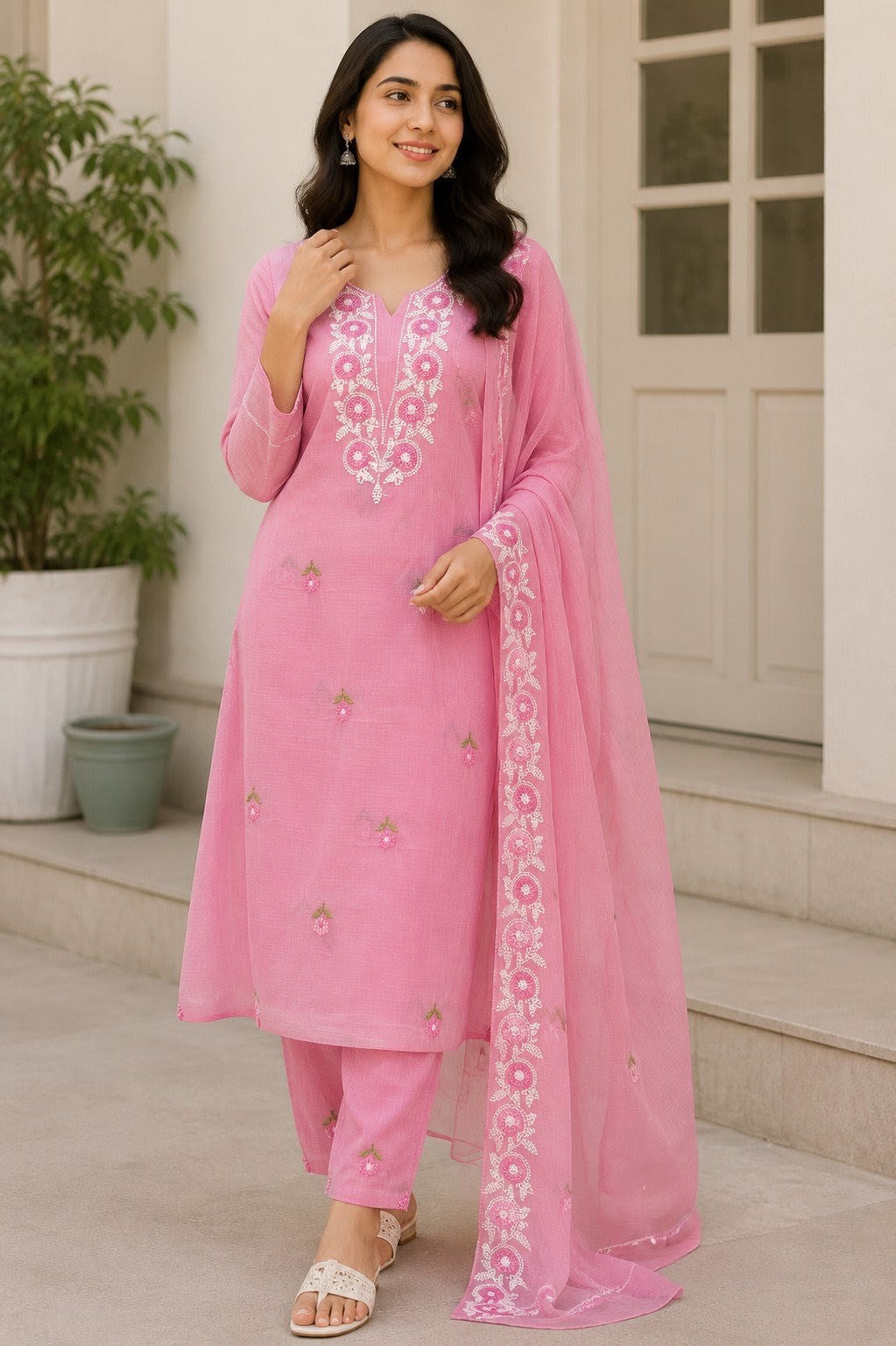 Blush Pink Hand Embroidered Kota Doria Kurta Set with Dupatta