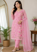 Pink Floral Embroidered Kota Doria Kurta Set with Dupatta