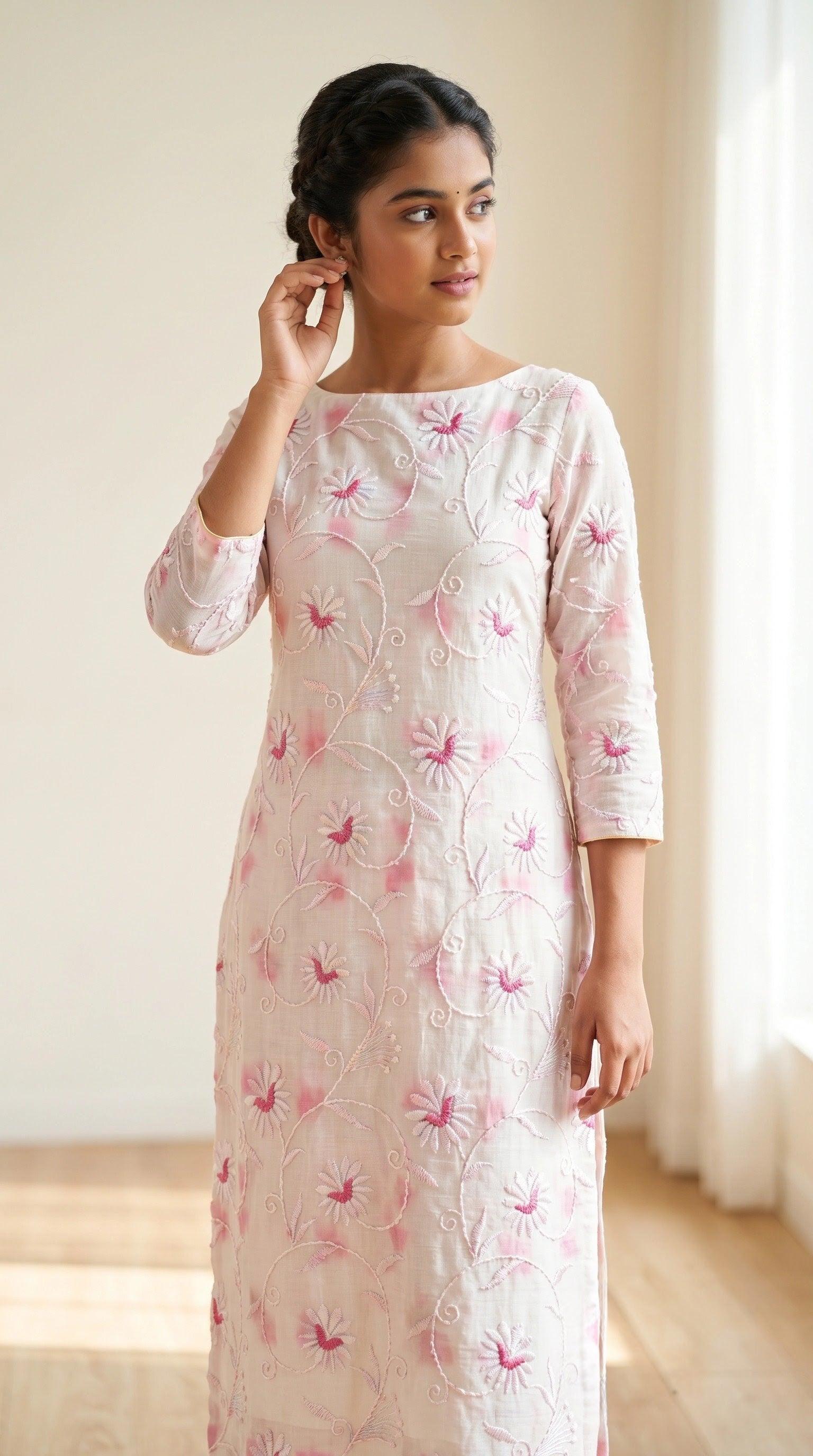 Ivory Petals Hand Embroidered Kota Doria Kurta