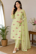 Pistachio Bloom Embroidered Kota Doria Kurta Set with Dupatta