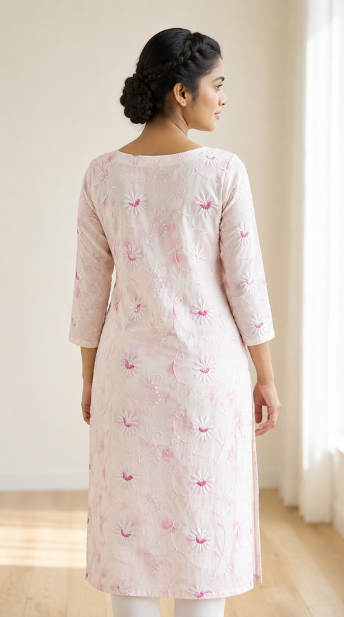 Ivory Petals Hand Embroidered Kota Doria Kurta