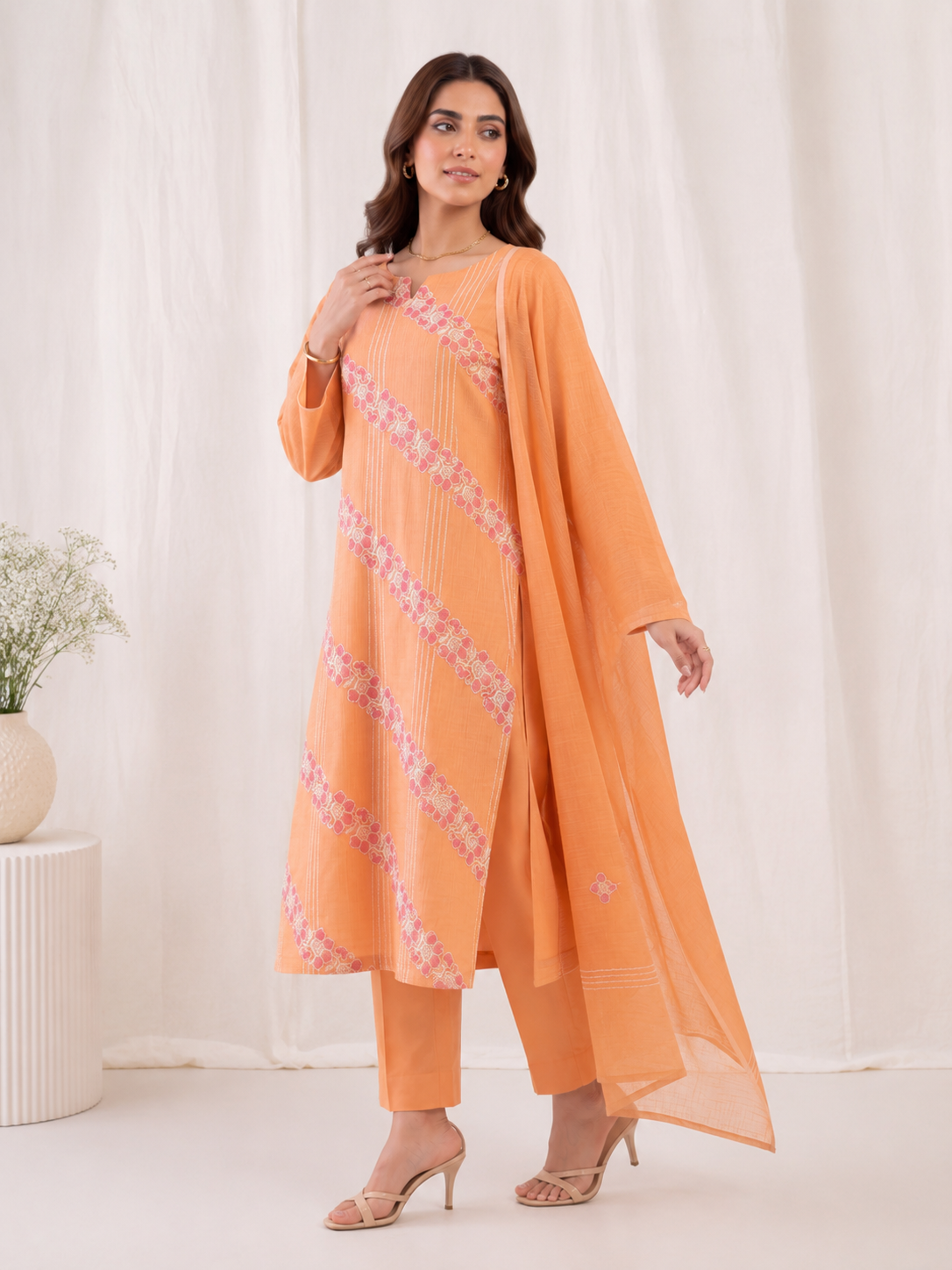 Apricot Bloom Embroidered Kota Doria Kurta Set with Dupatta