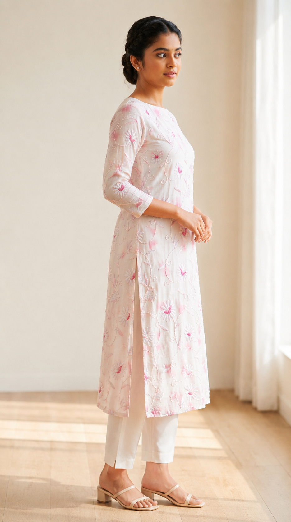 Ivory Petals Hand Embroidered Kota Doria Kurta