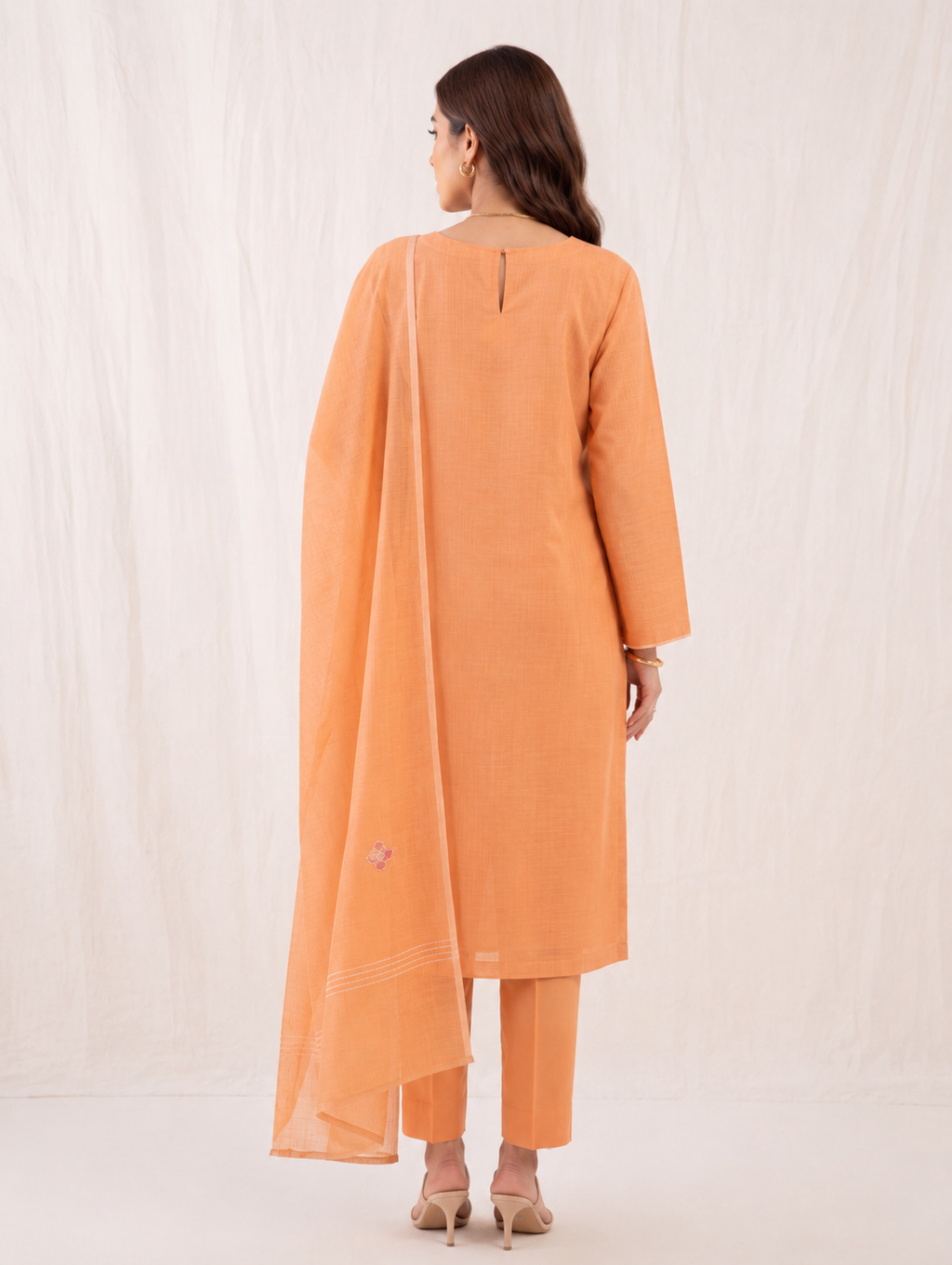 Apricot Bloom Embroidered Kota Doria Kurta Set with Dupatta