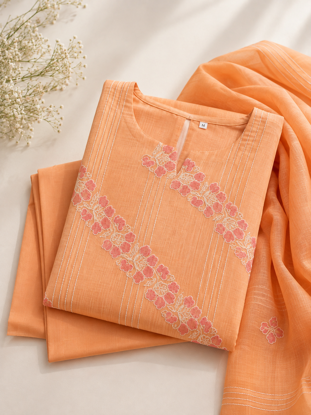 Apricot Bloom Embroidered Kota Doria Kurta Set with Dupatta
