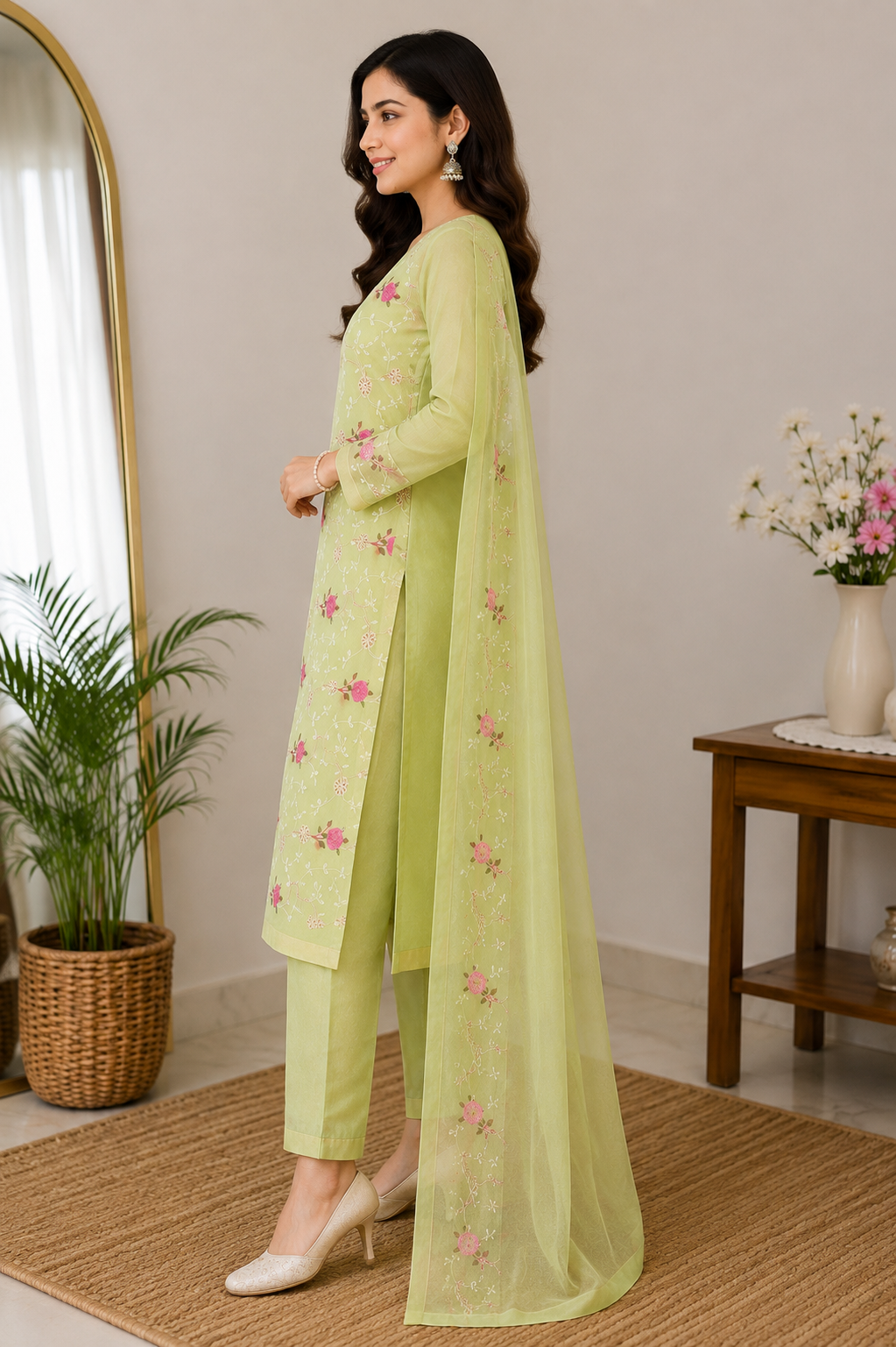 Pistachio Bloom Embroidered Kota Doria Kurta Set with Dupatta