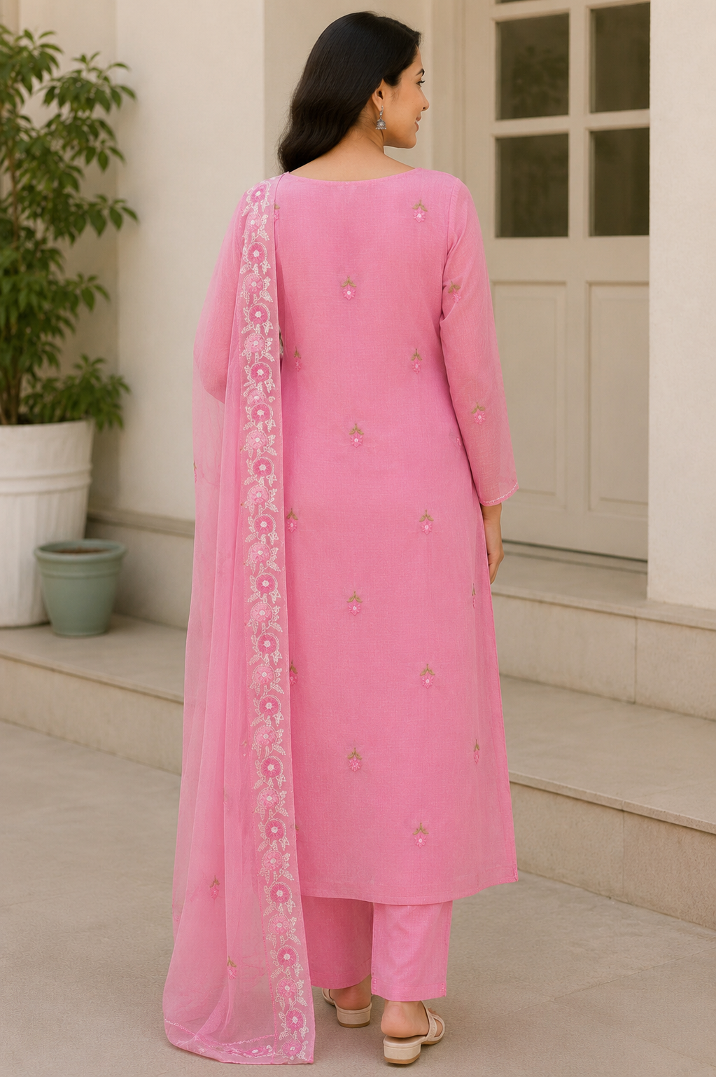Blush Pink Hand Embroidered Kota Doria Kurta Set with Dupatta