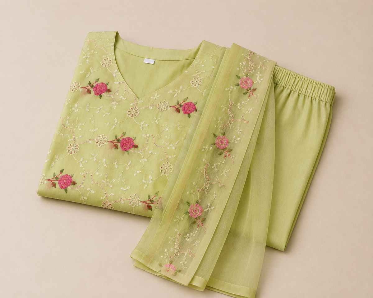 Pistachio Bloom Embroidered Kota Doria Kurta Set with Dupatta