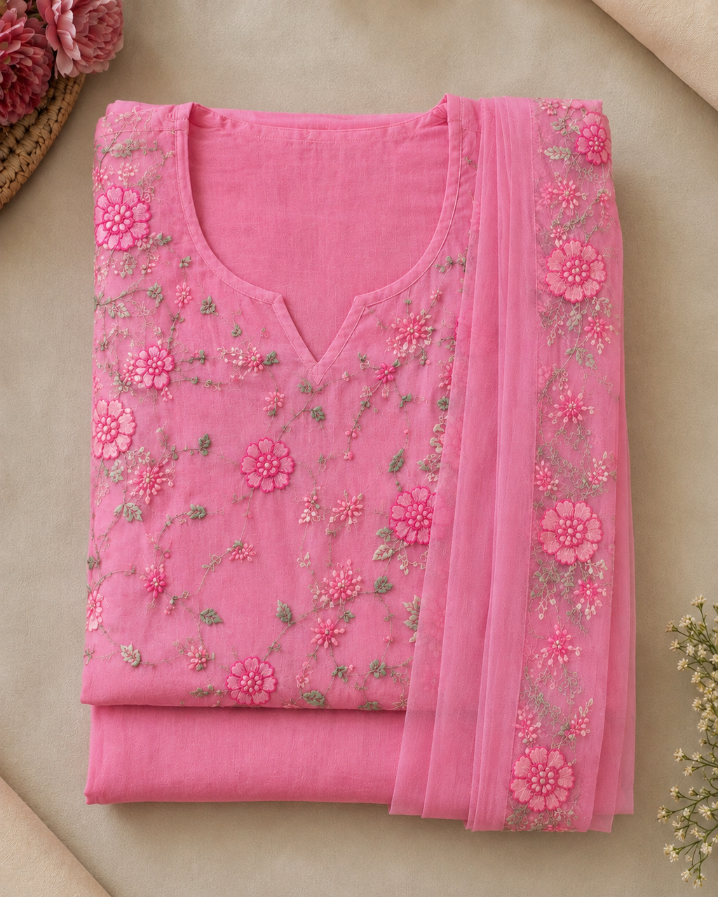 Pink Floral Embroidered Kota Doria Kurta Set with Dupatta