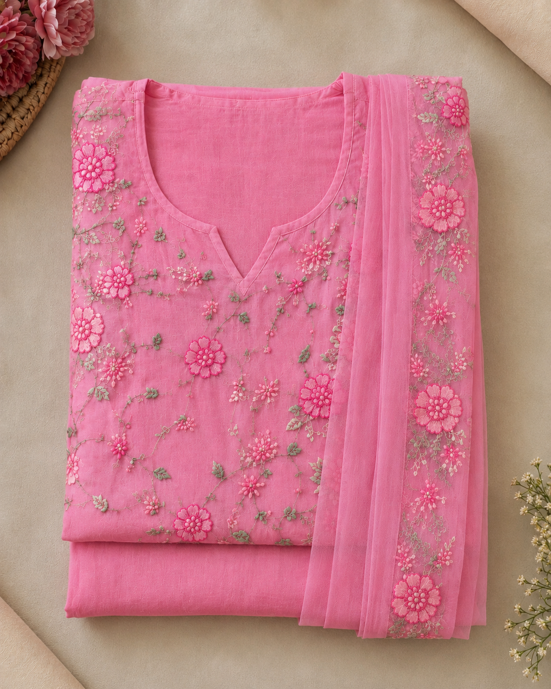 Pink Floral Embroidered Kota Doria Kurta Set with Dupatta