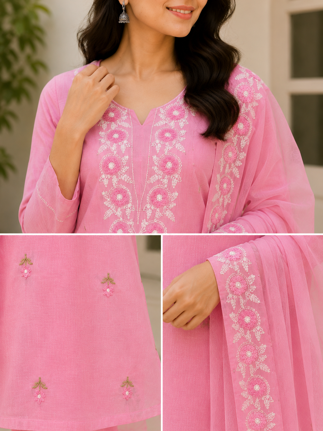 Blush Pink Hand Embroidered Kota Doria Kurta Set with Dupatta