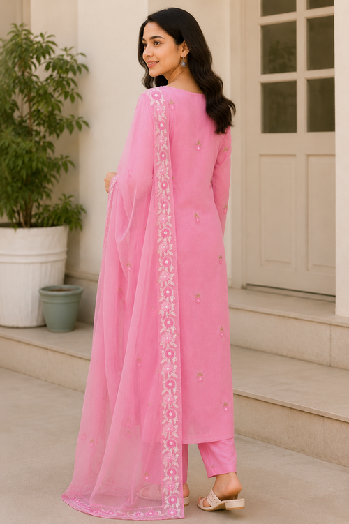 Blush Pink Hand Embroidered Kota Doria Kurta Set with Dupatta