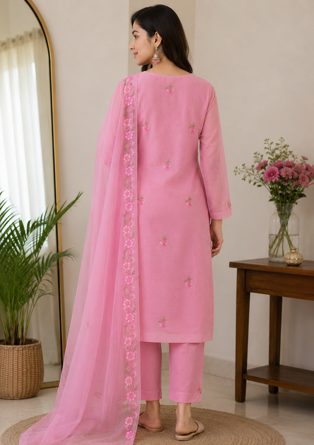 Pink Floral Embroidered Kota Doria Kurta Set with Dupatta
