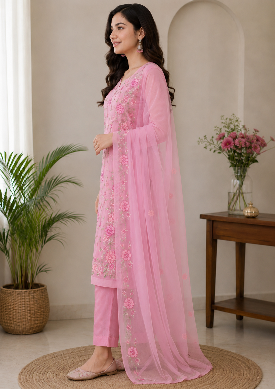 Pink Floral Embroidered Kota Doria Kurta Set with Dupatta