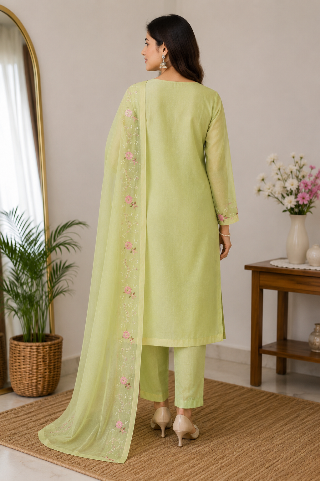 Pistachio Bloom Embroidered Kota Doria Kurta Set with Dupatta