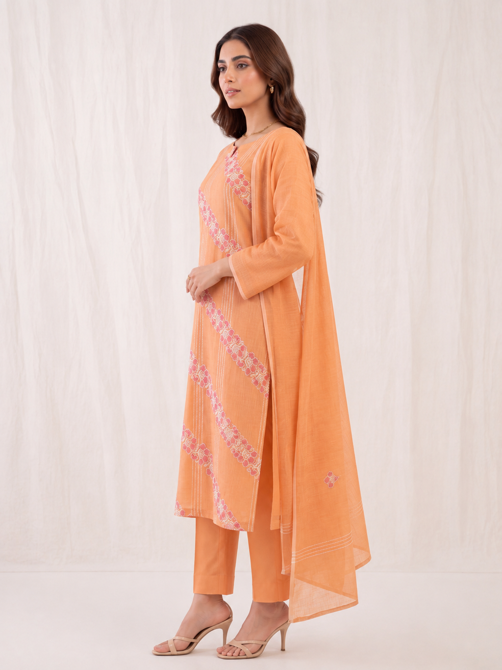 Apricot Bloom Embroidered Kota Doria Kurta Set with Dupatta